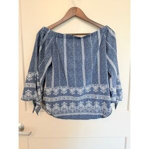 Bluebell Denim Blue Off Shoulder‎ Women Blouse Tie cuff Bandana Print Size Small